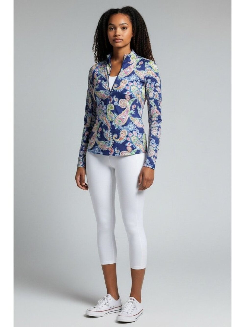 IBKUL Sharon Navy Paisley Long Sleeve Mock Golf Shirt XS Ladies Tennis Picklebal